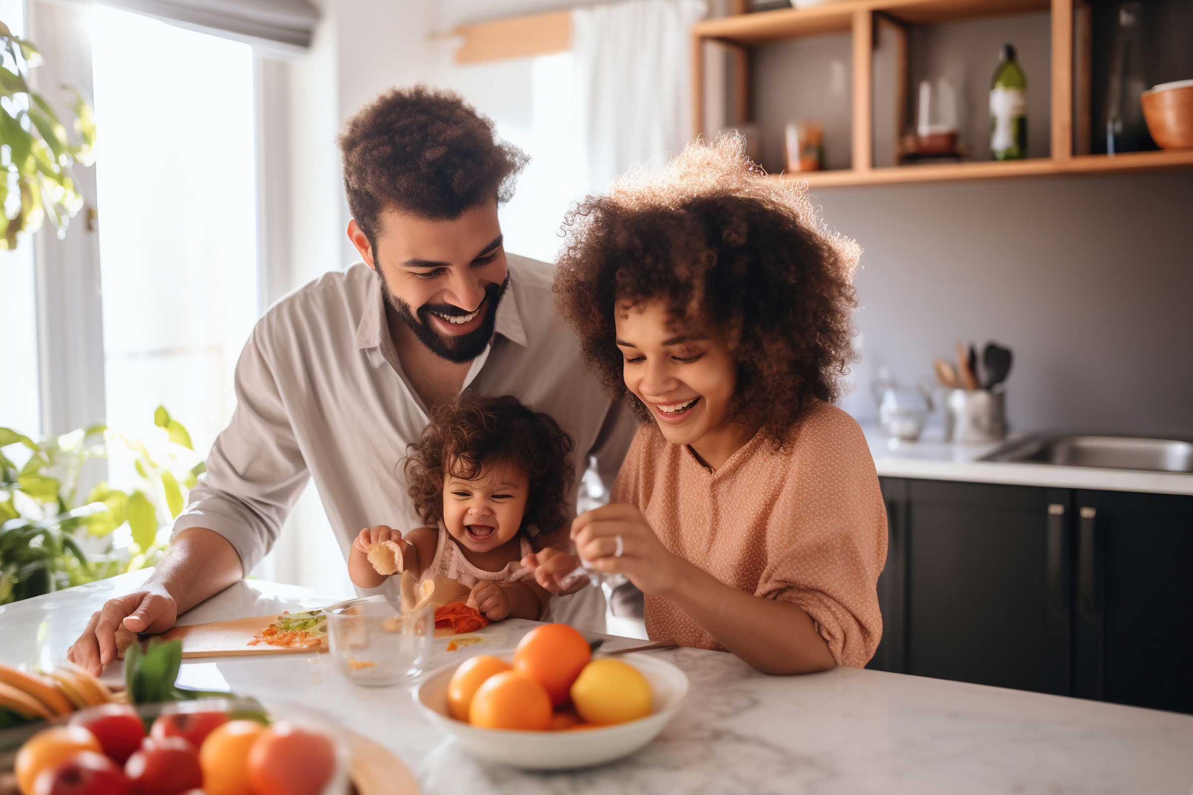Happy diverse multiethnic family spending time in kitchen at JP Management